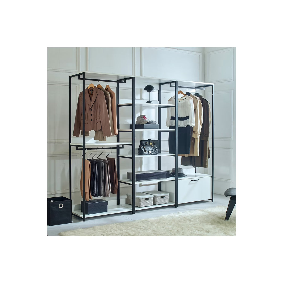 White Freestanding Wood Closet System with Metal Frame X842