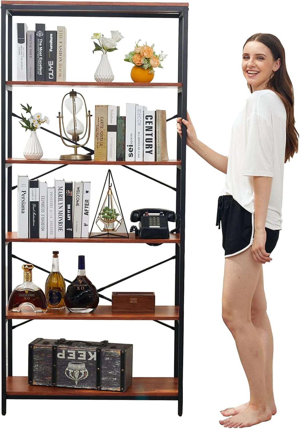 6-Tier Wood Top Bookshelf with Metal Frame O669584
