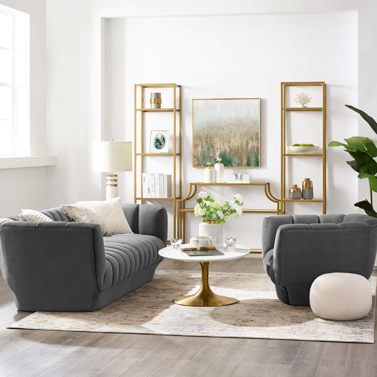 Gray Performance Velvet Sofa and Armchair Set R27143
