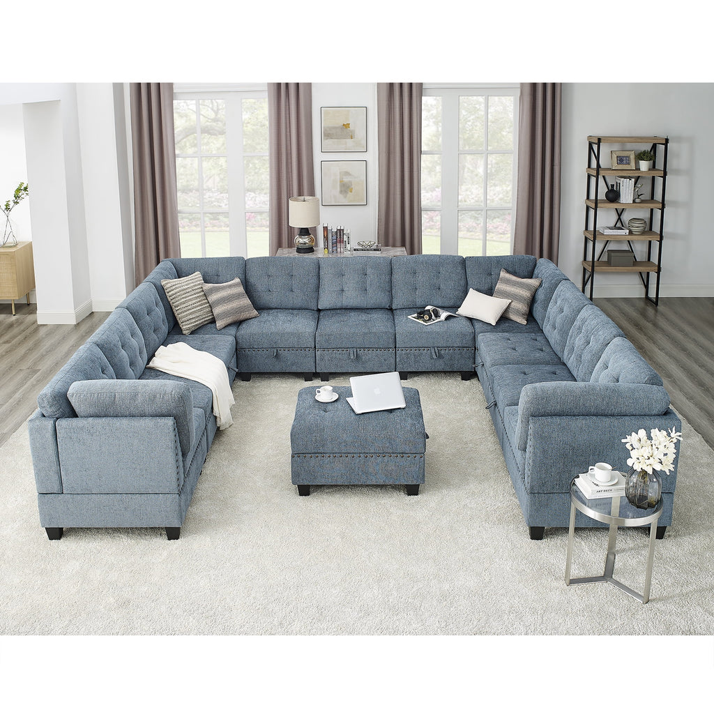 U Shape Modular Sectional Sofa with Seven Single Chair, Four Corner and One Ottoman, Navy Blue P66005