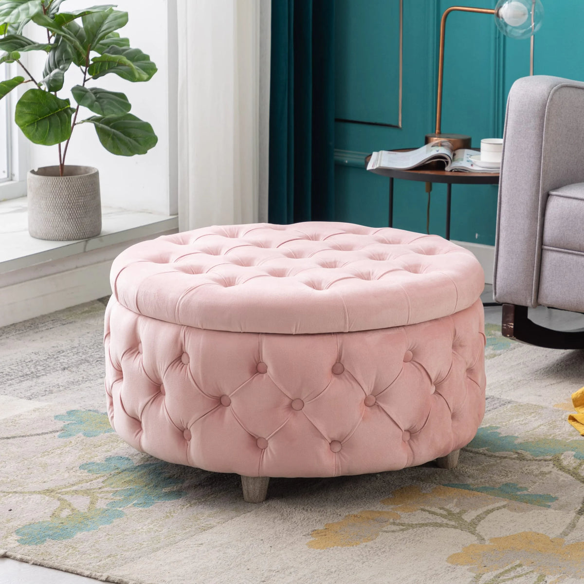 Pink Velvet Tufted Storage Ottoman F8348