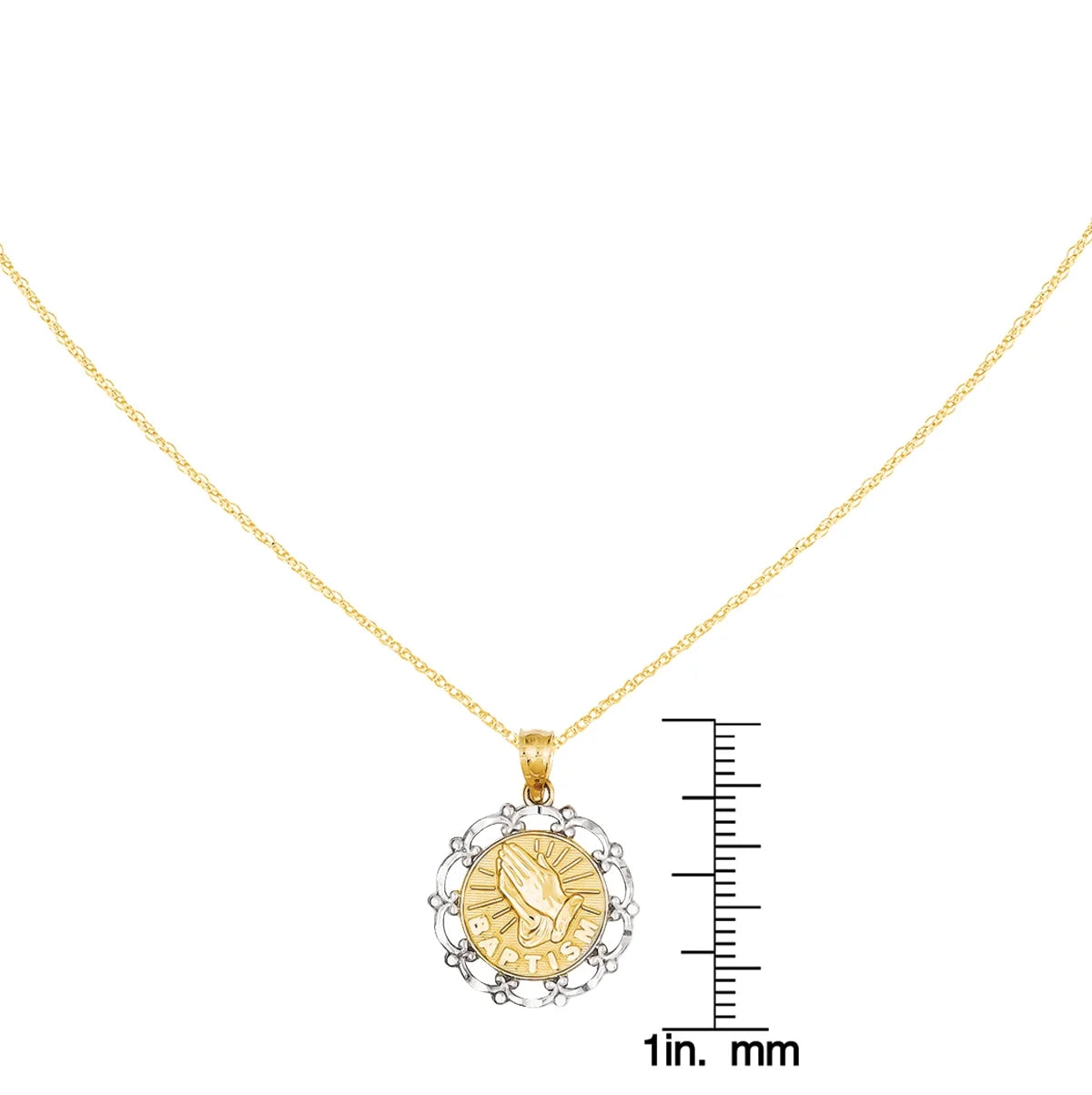 14 Karat Yellow Gold Rhodium Plated Baptism Pendant with 18-inch Cable Rope Chain V115