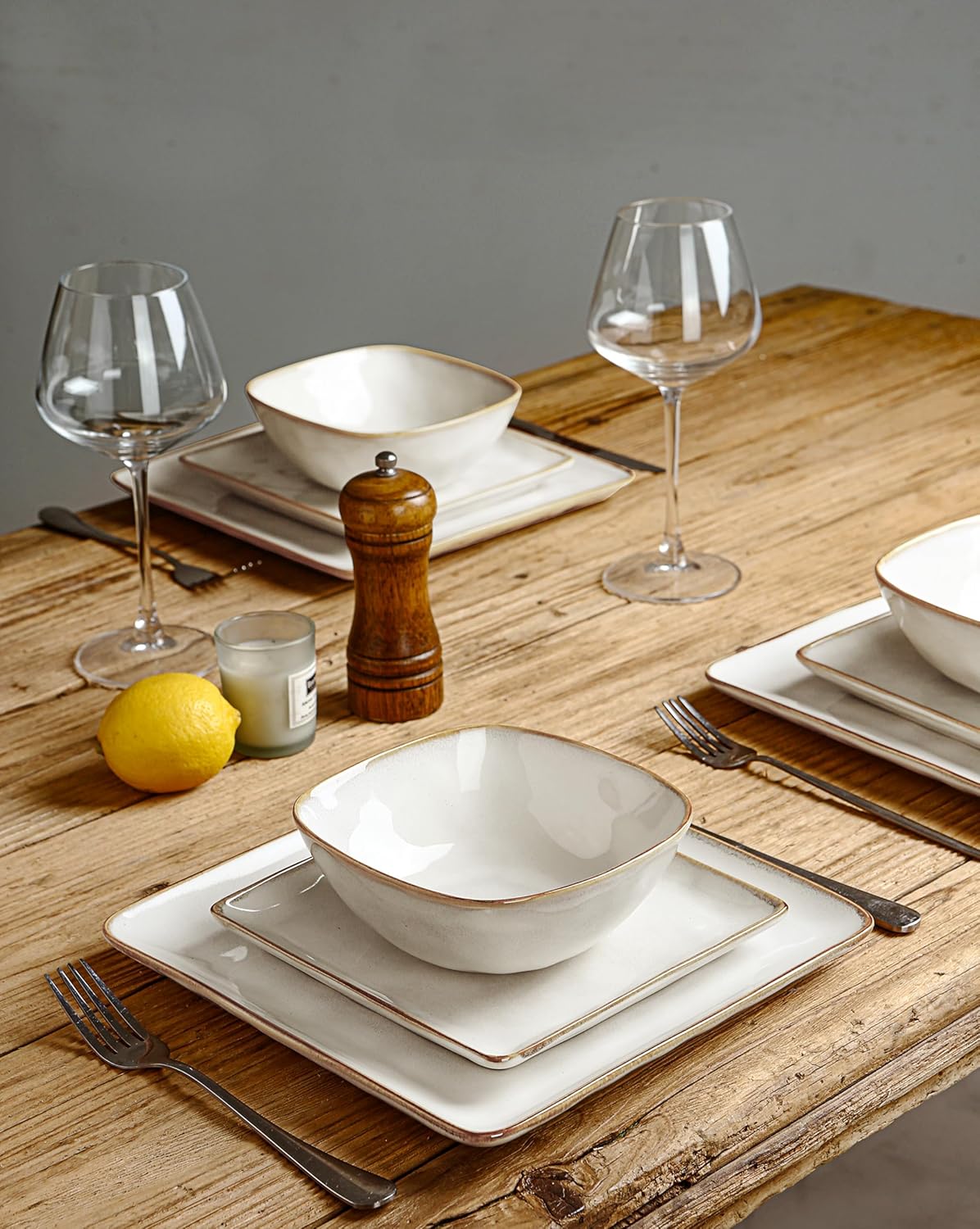 16-Piece Dinnerware Set, Square Plates and Bowls, Cappuccino White D191