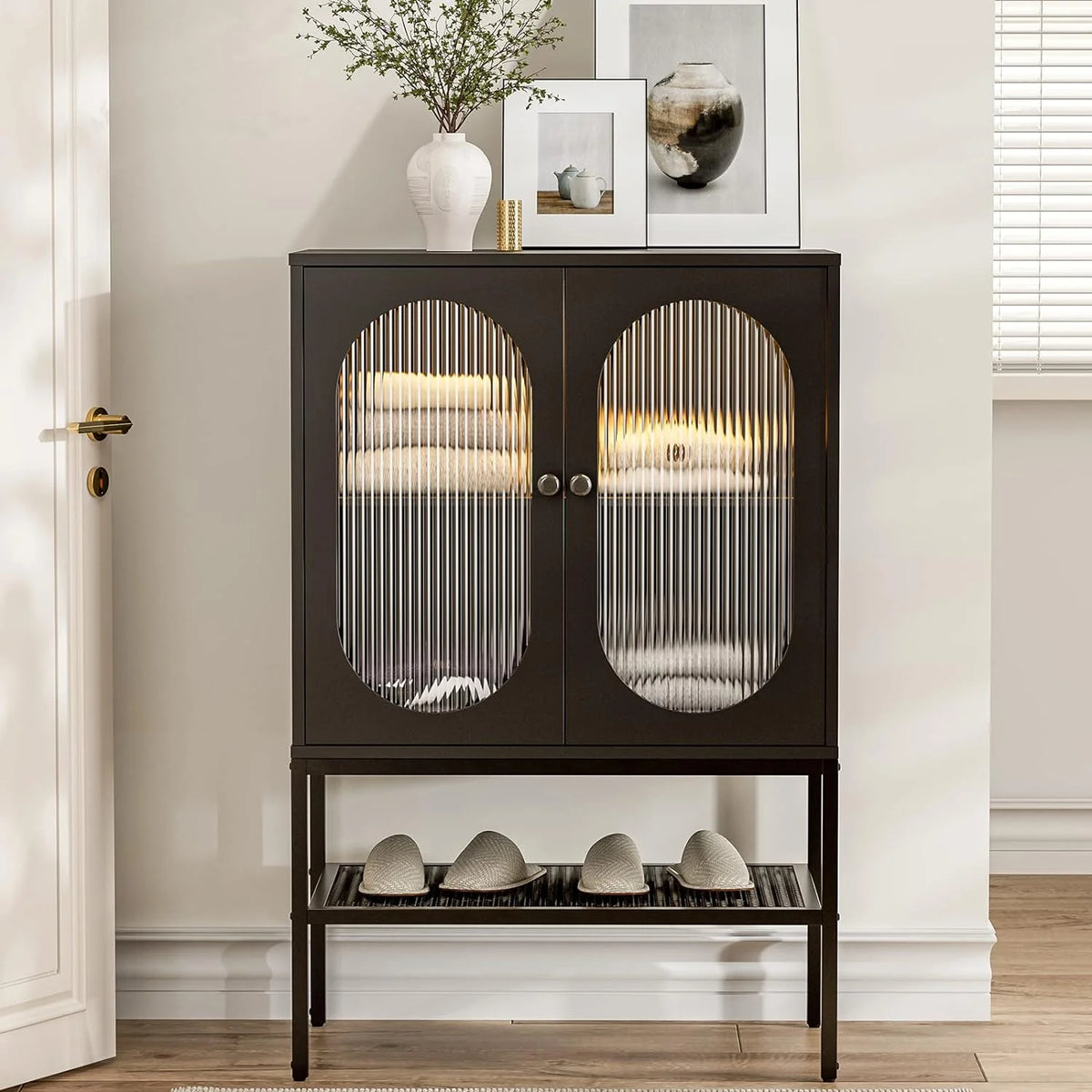 Black Glass Sideboard Buffet Cabinet with LED Lights C6021