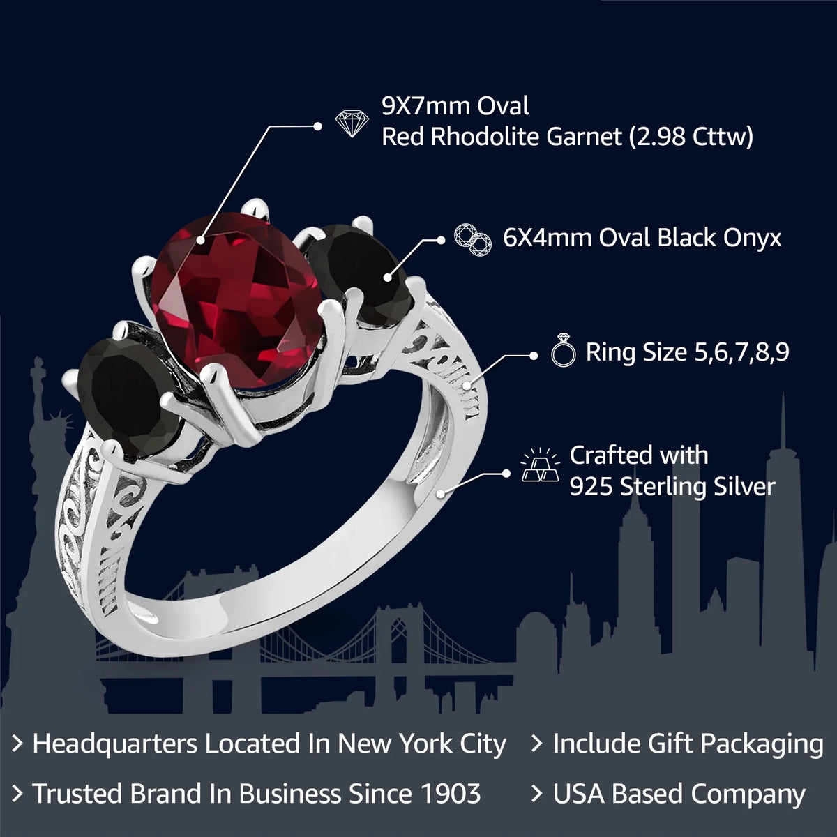 925 Sterling Silver Red Rhodolite Garnet Black Onyx 3 Stone Ring V12612