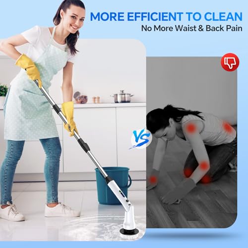 Electric Spin Scrubber with Long Handle, IPX7 Waterproof Cordless Cleaning Brush, 7 Replaceable Brush Heads, 2 Speeds G65779
