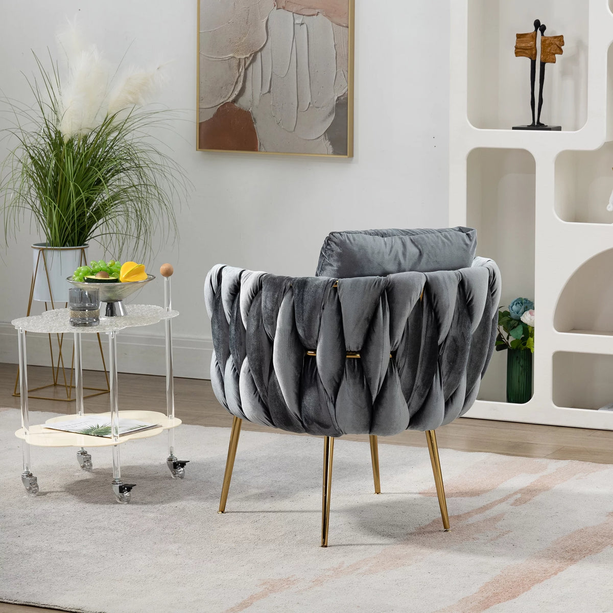 Gray Velvet Upholstered Accent Chair with Gold Metal Leg and Throw Pillow E25795