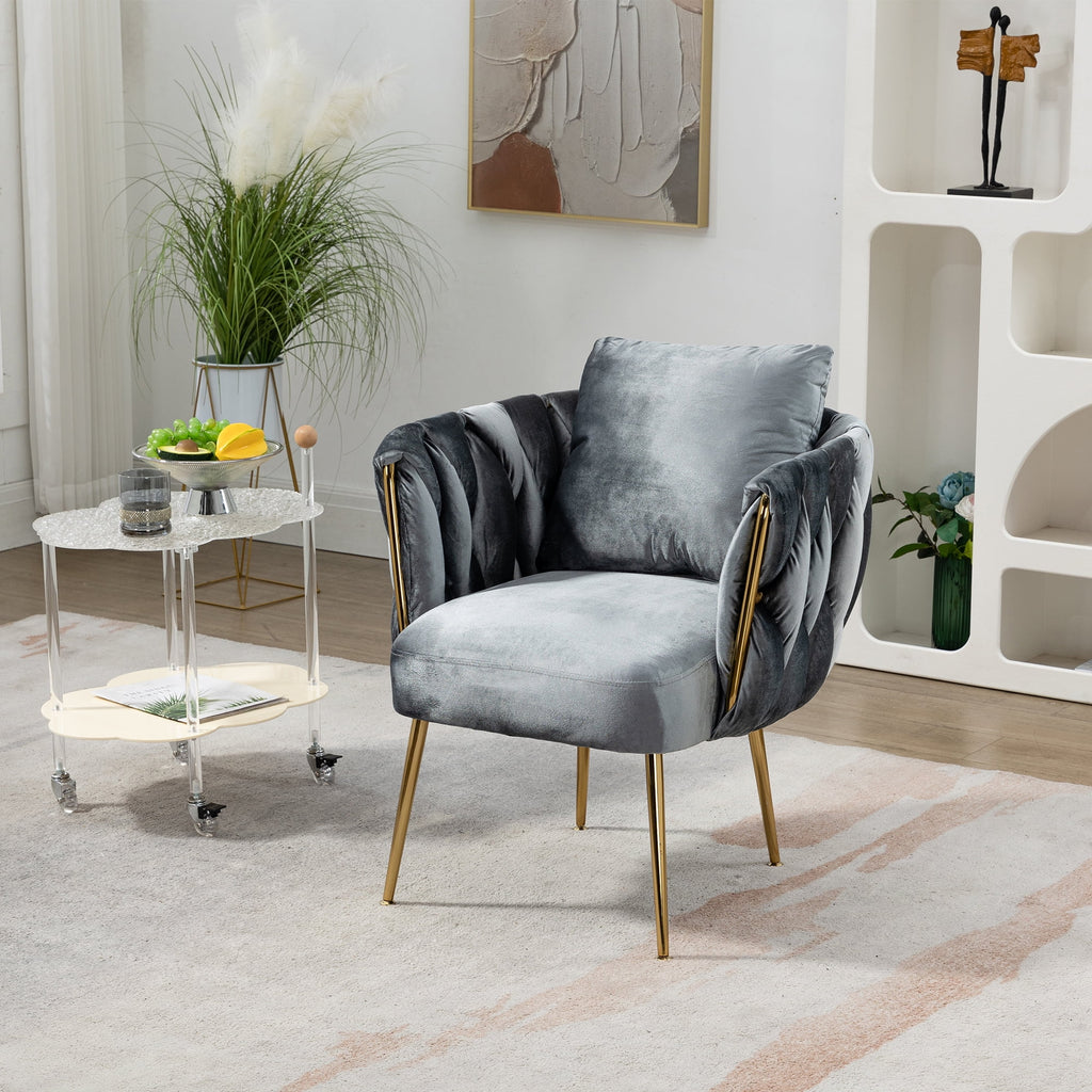 Gray Velvet Upholstered Accent Chair with Gold Metal Leg and Throw Pillow E25795
