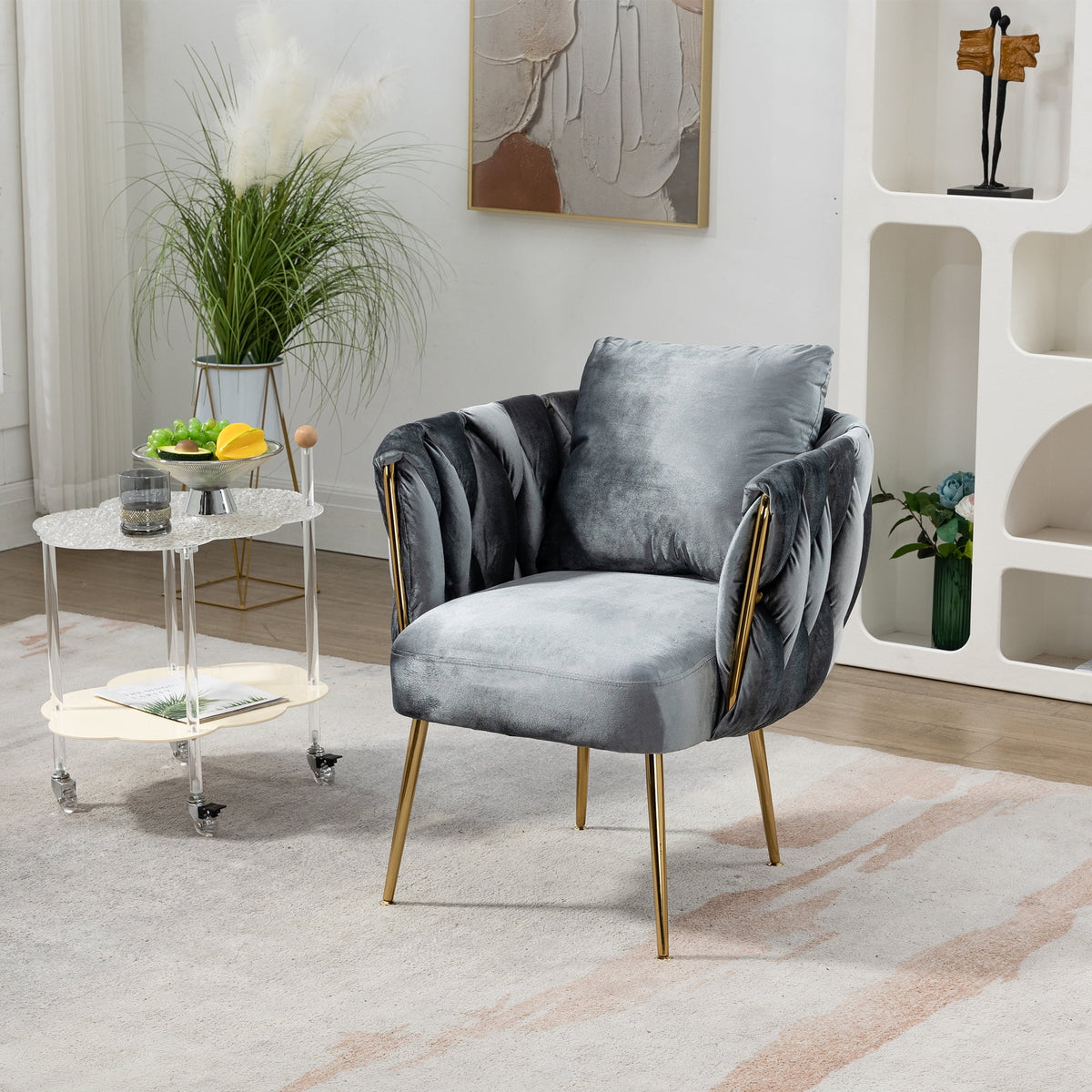 Gray Velvet Upholstered Accent Chair with Gold Metal Leg and Throw Pillow E25795