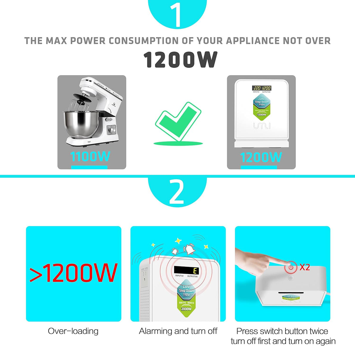220V to 110V Step Down Voltage Converter 1200Watts D840