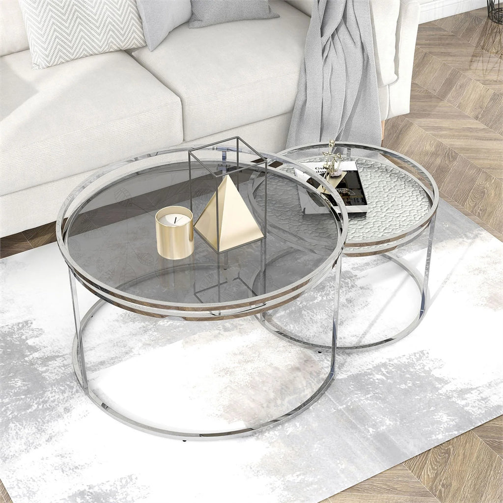 Gray Metal Glass Top 2-Piece Nesting Tables Set B669360