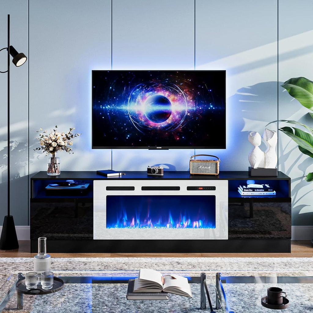 Black 79 inch Fireplace TV Stand with Electric Fireplace M1368