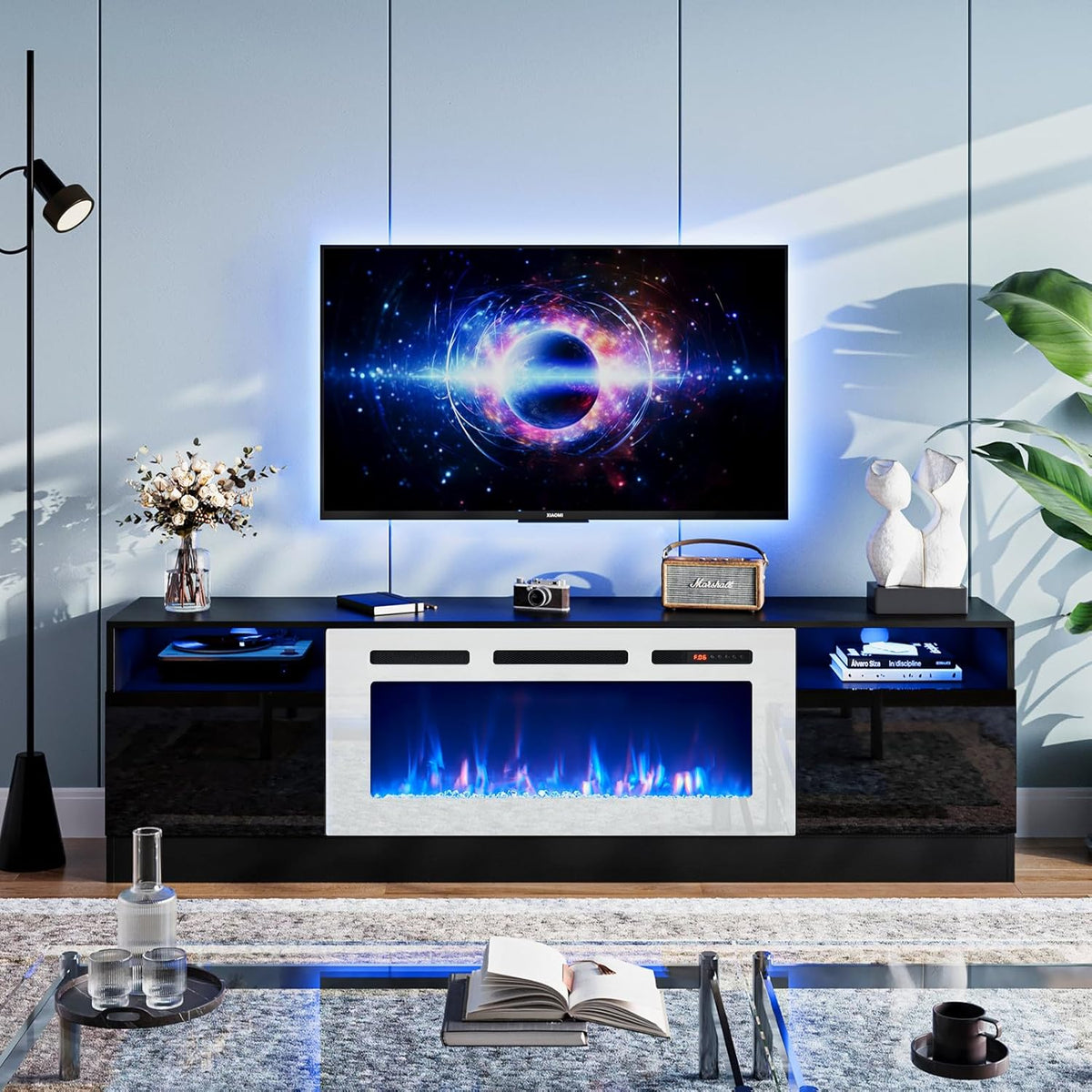 Black 79 inch Fireplace TV Stand with Electric Fireplace M1368