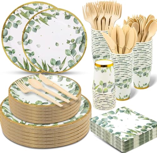 350 Pcs Sage Green Disposable Paper Dinnerware Set E513