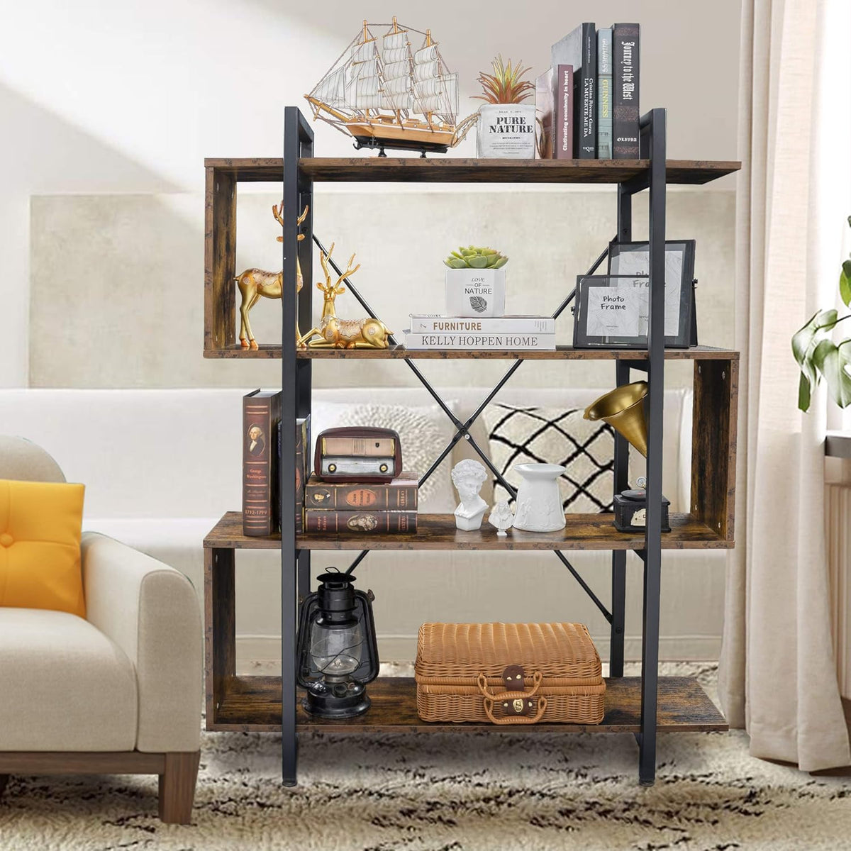 Vintage Industrial 4 Tier S Shaped Bookshelf P637891