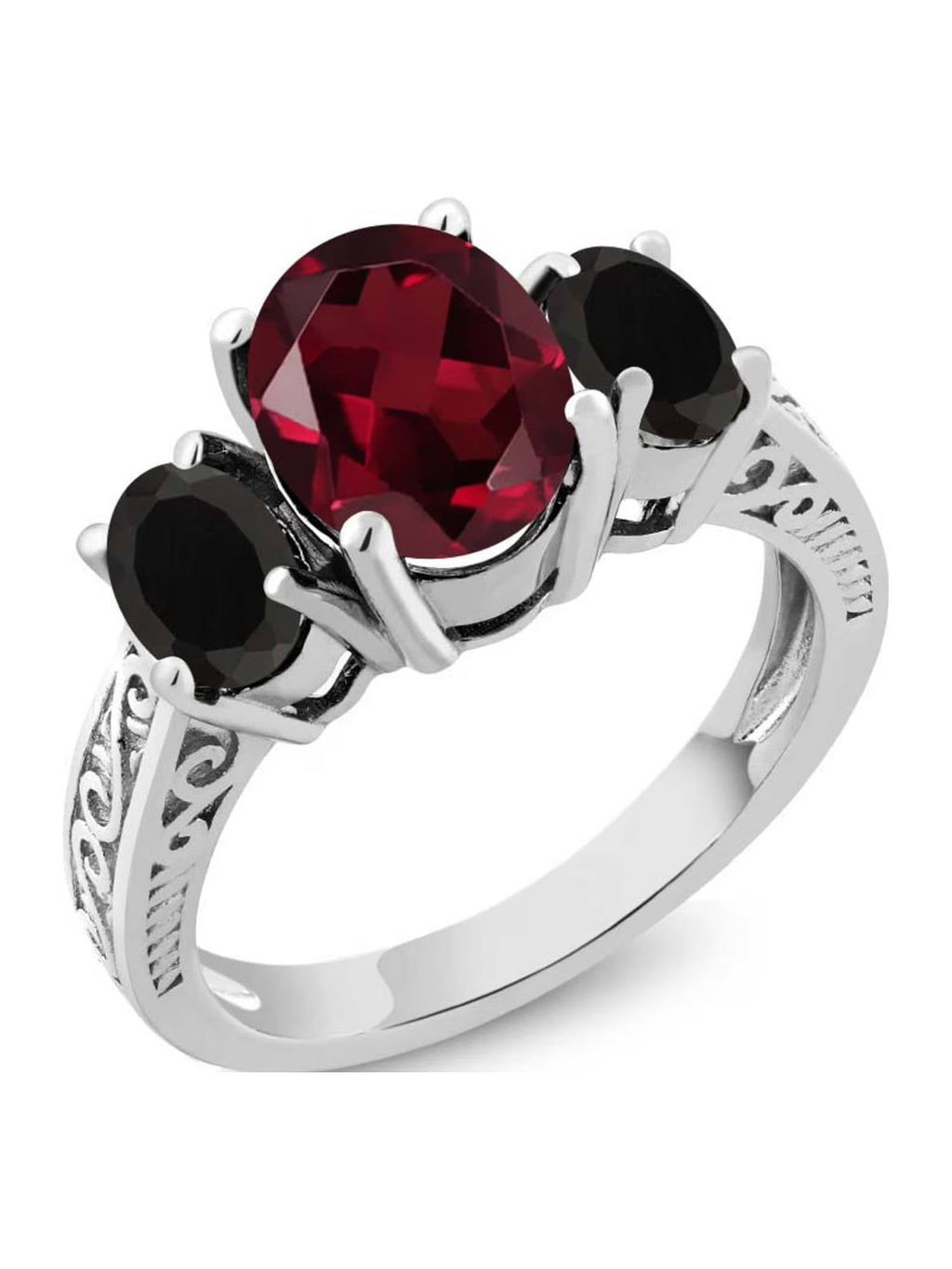 925 Sterling Silver Red Rhodolite Garnet Black Onyx 3 Stone Ring V12612