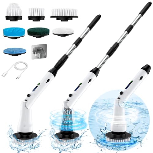 Electric Spin Scrubber with Long Handle, IPX7 Waterproof Cordless Cleaning Brush, 7 Replaceable Brush Heads, 2 Speeds G65779