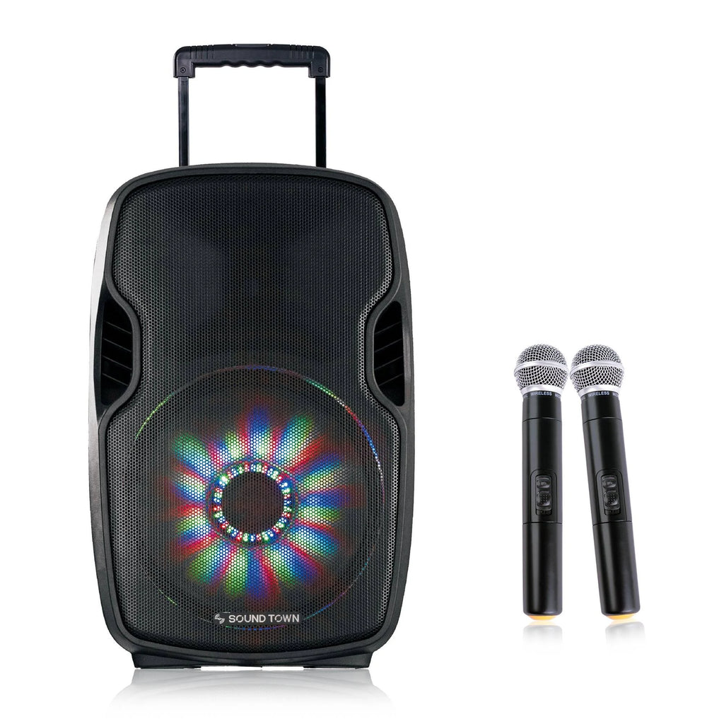 15-inch 2-Way Portable PA Speaker with Built-in Rechargeable Battery, 2 Wireless Mics, Bluetooth, USB, SD Card Reader, LED R914