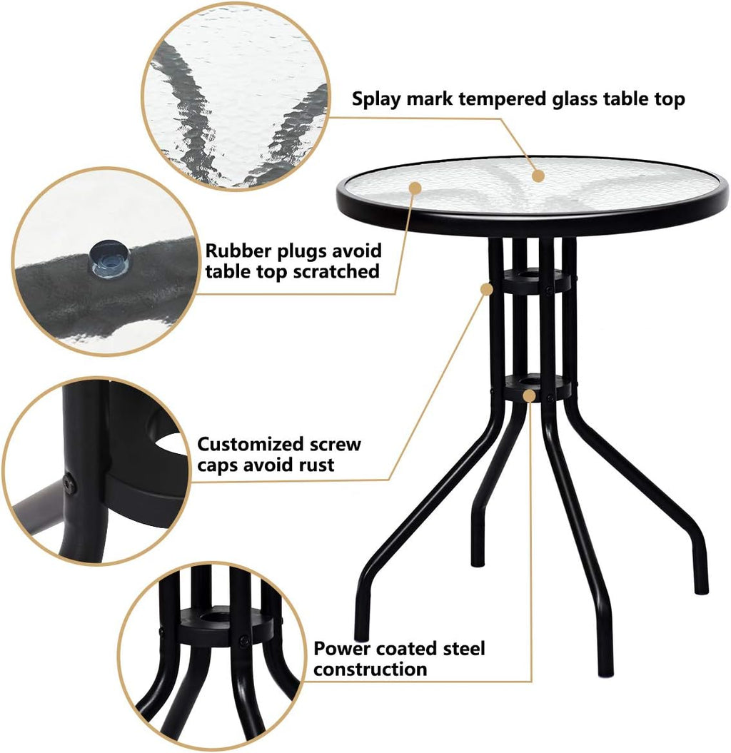 3-Piece Patio Bistro Set with Round Tempered Glass Table and 2 Foldable Chairs M514
