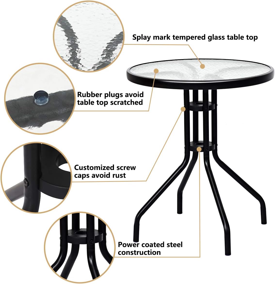 3-Piece Patio Bistro Set with Round Tempered Glass Table and 2 Foldable Chairs M514