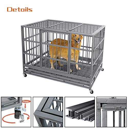 48 Inch Heavy Duty Dog Crate with Wheels, Double Door and Removable Tray M5997