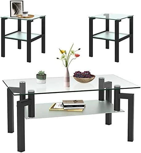 Glass Coffee Table Set of 3 Black Tempered Glass A7504