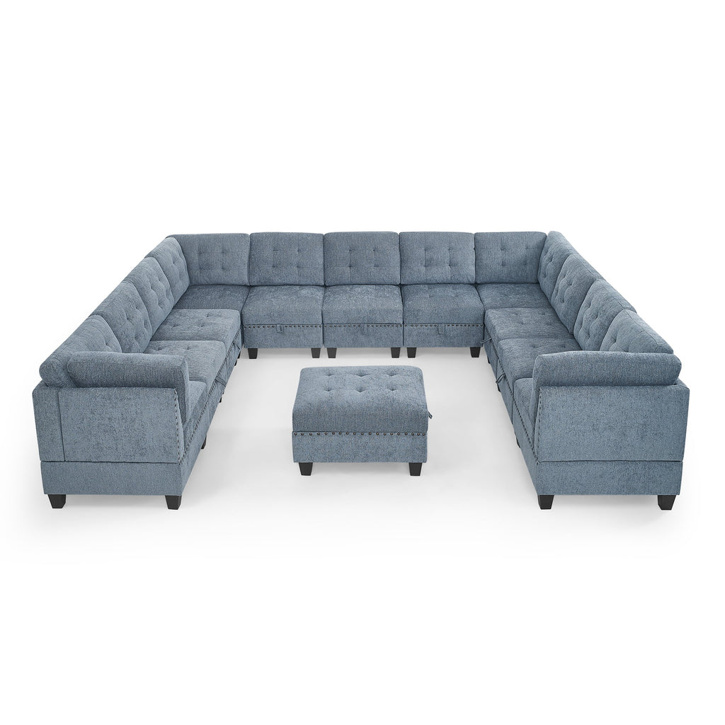 U Shape Modular Sectional Sofa with Seven Single Chair, Four Corner and One Ottoman, Navy Blue P66005