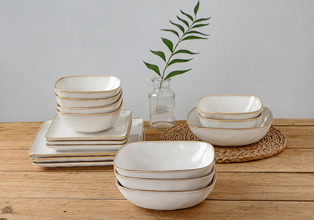 16-Piece Dinnerware Set, Square Plates and Bowls, Cappuccino White D191