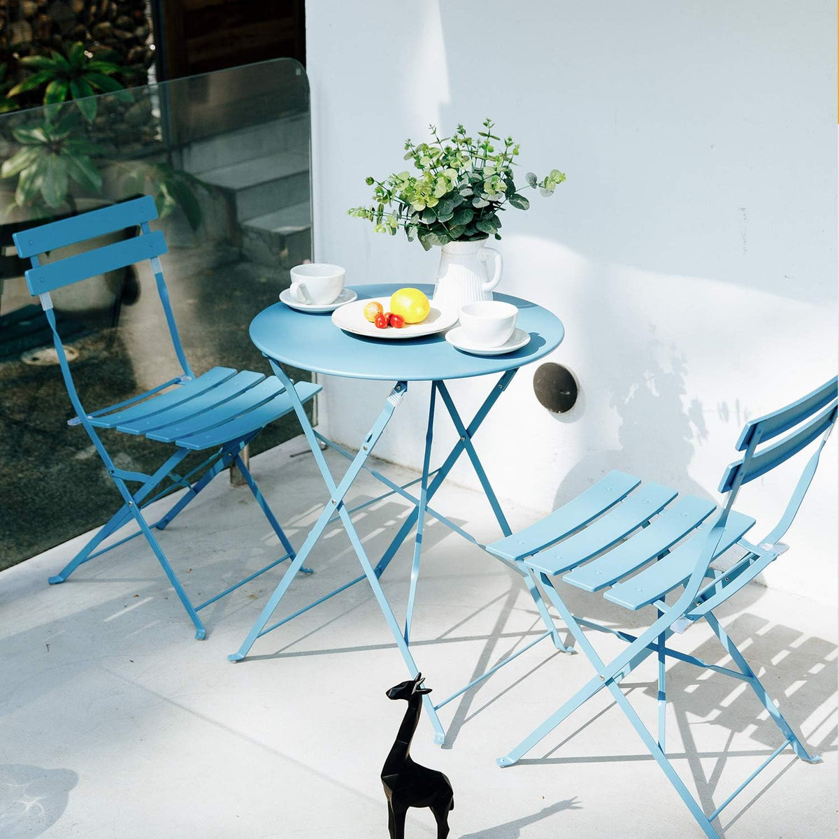 3pc Metal Folding Bistro Set, 2 Chairs and 1 Table, Macaron Blue A497