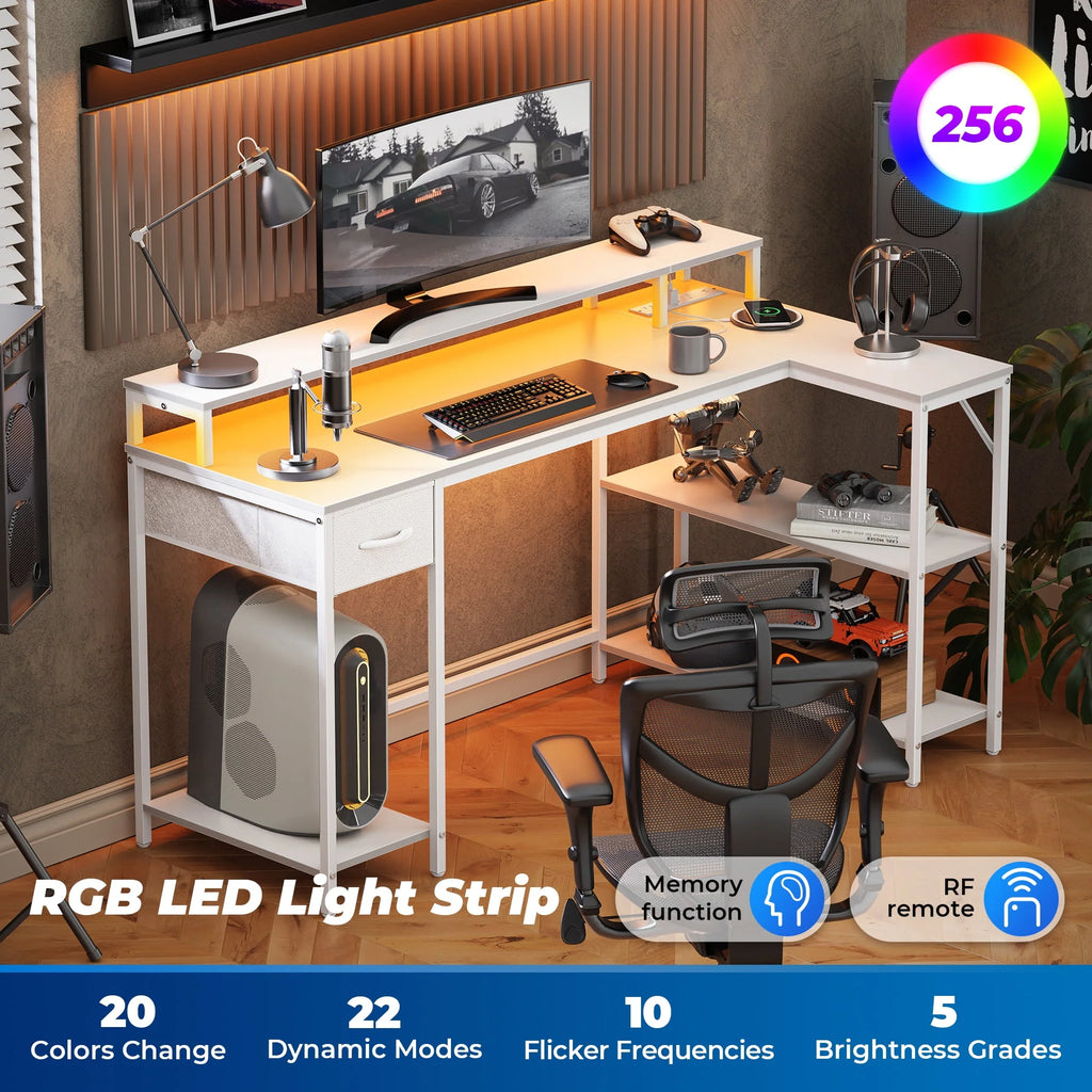 Black L-Shaped Gaming Desk with LED Lights & Power Outlets Z99529