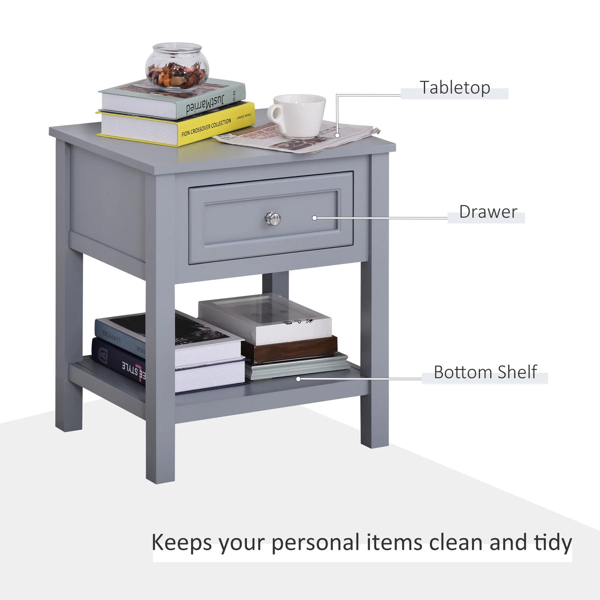 Accent End Table with Gray Tabletop, Storage Drawer, and Bottom Shelf B388
