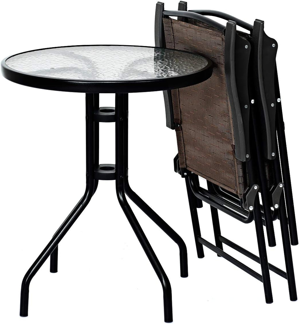 3-Piece Patio Bistro Set with Round Tempered Glass Table and 2 Foldable Chairs M514