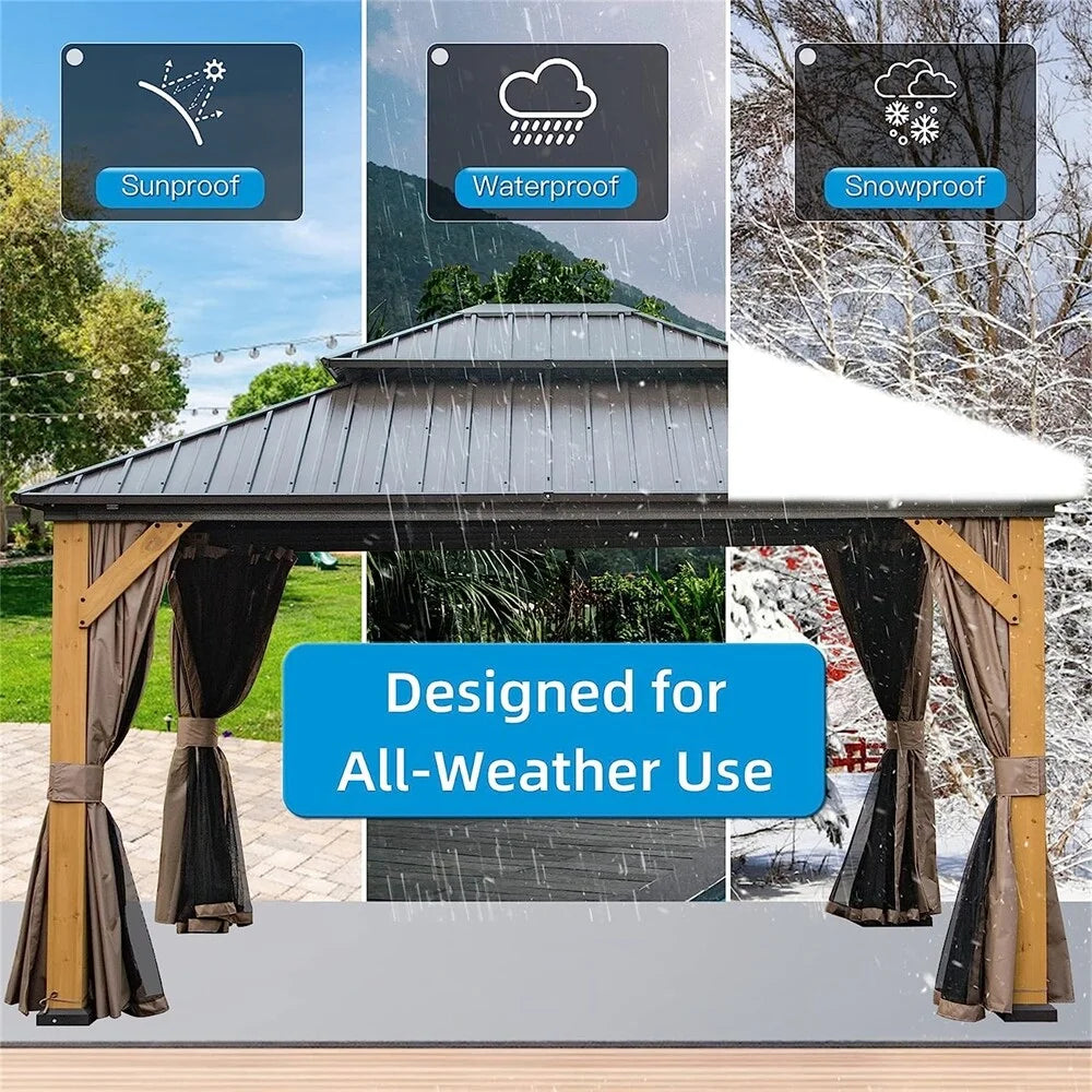 12'x14' Outdoor Wood Frame Hardtop Gazebo with Galvanized Steel Double Roof B1709
