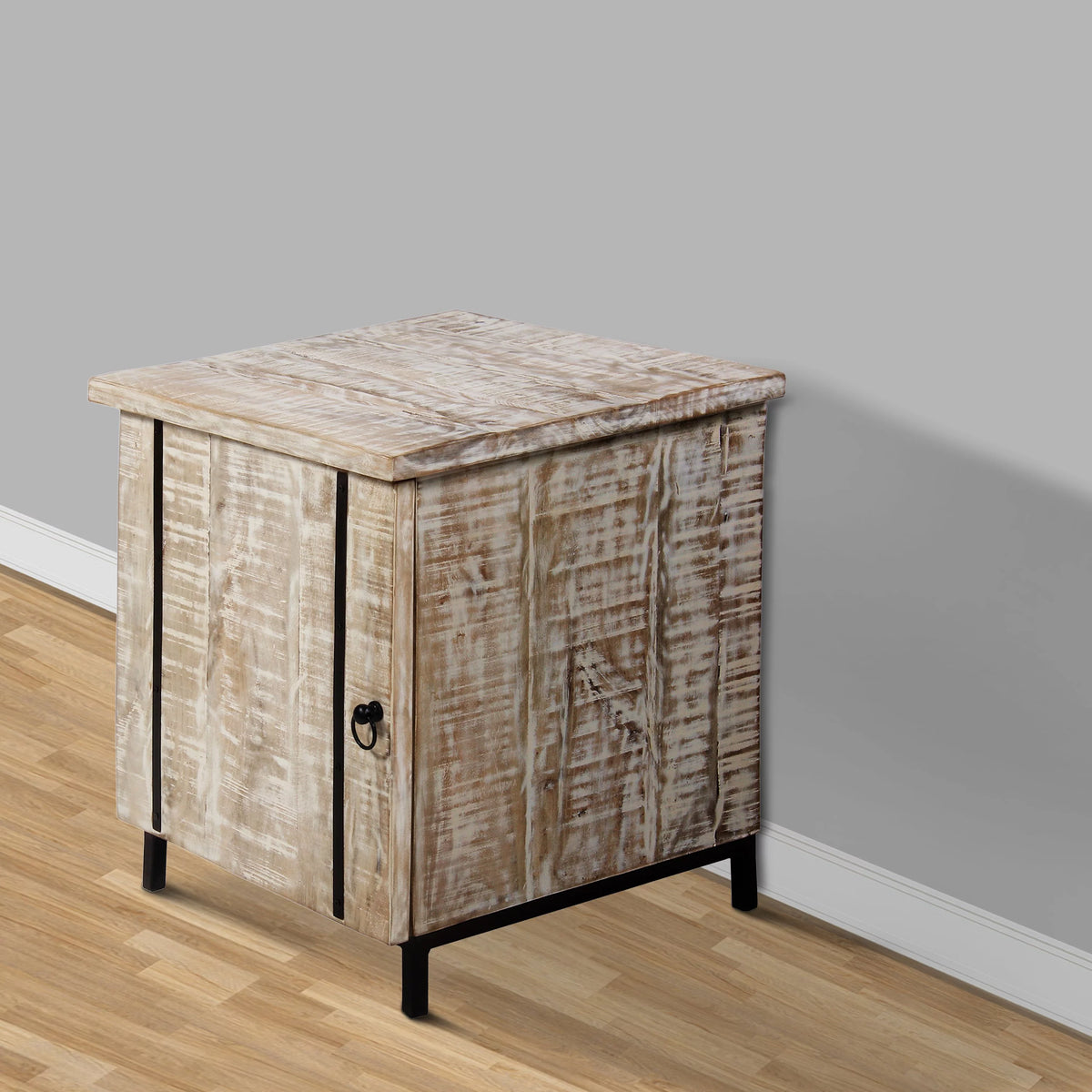Antique White and Black Wooden Bedside Table with 1 Door R314692