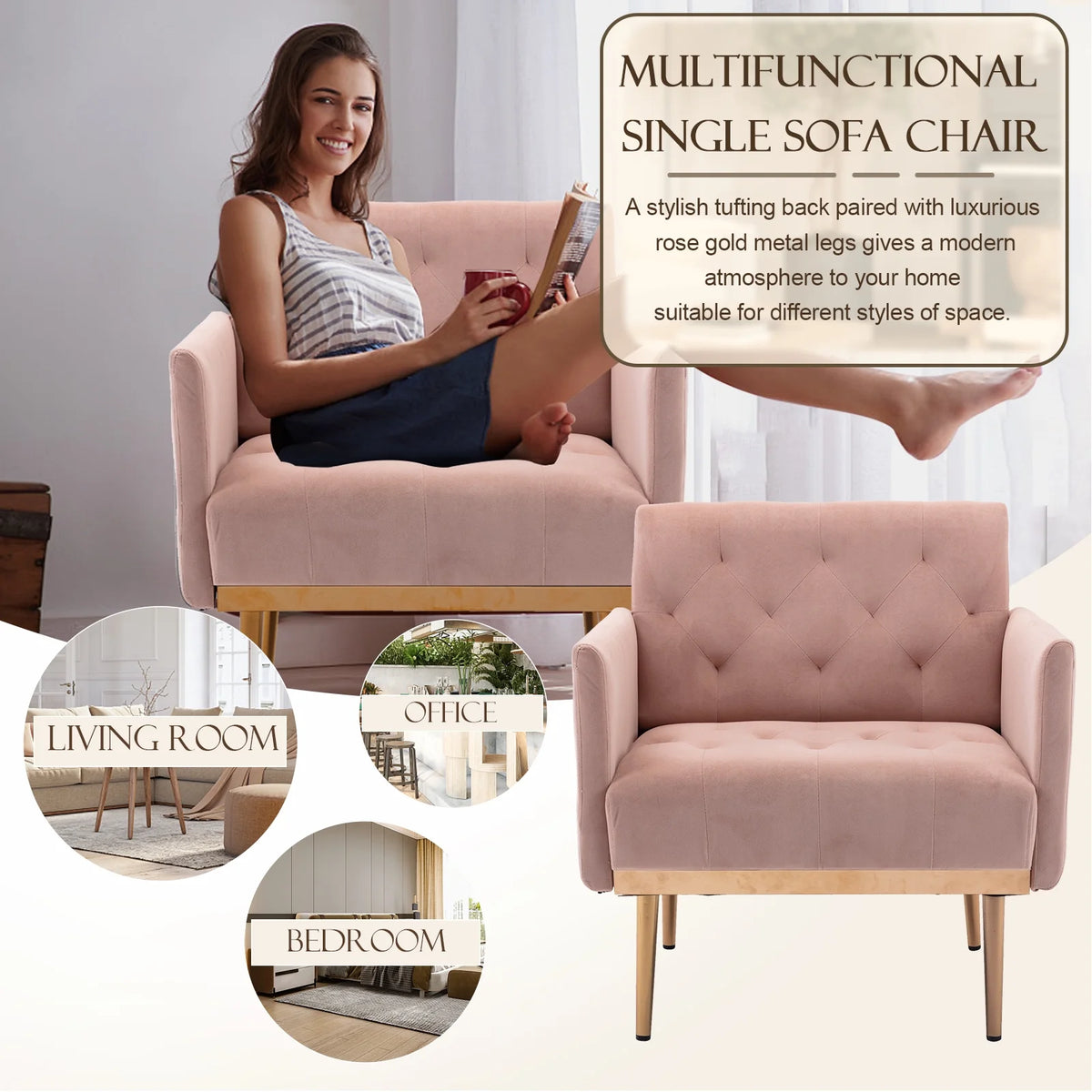 Pink Velvet Accent Chair with Metal Legs Q426