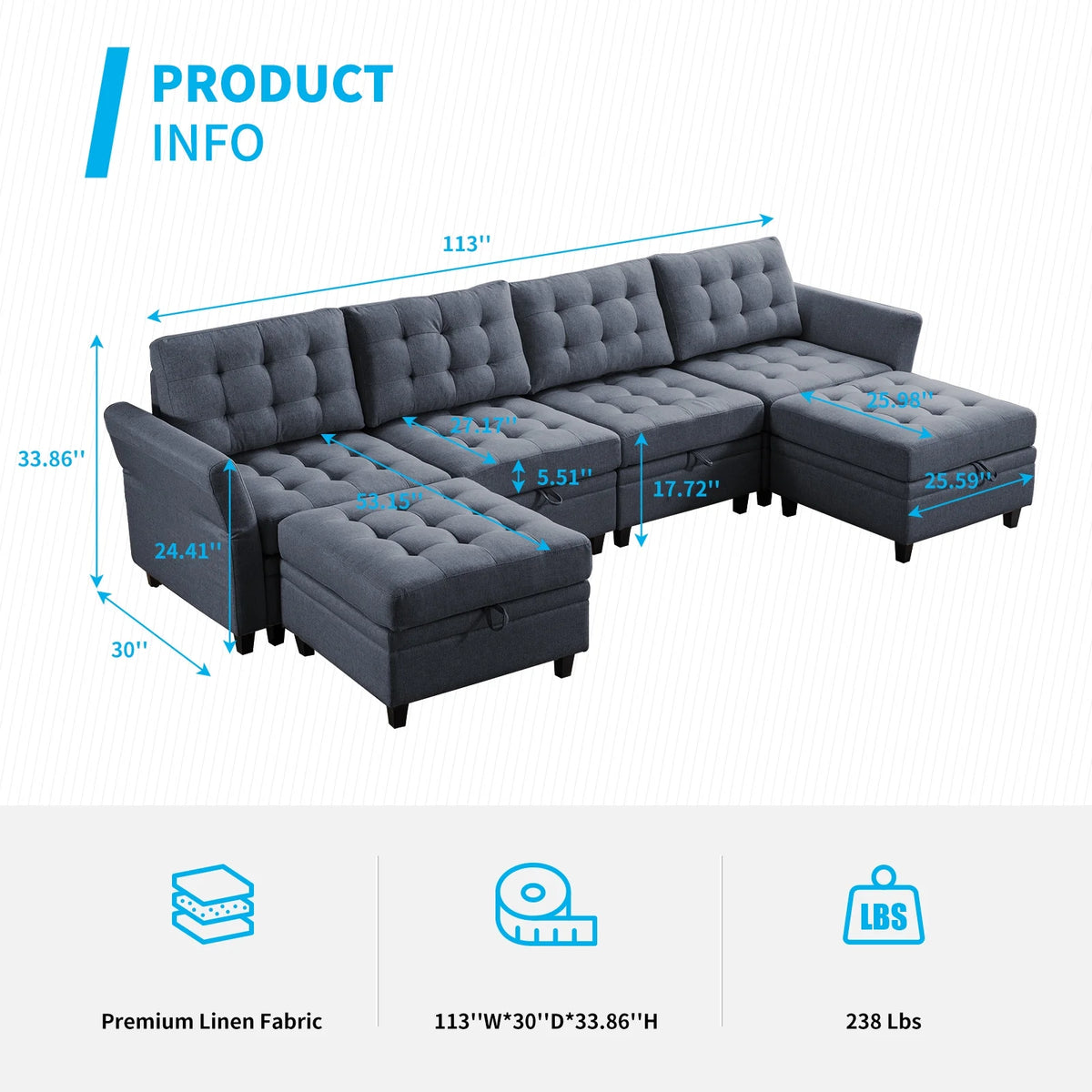 Dark Grey Convertible Sectional Sofa with Storage Ottomans S914