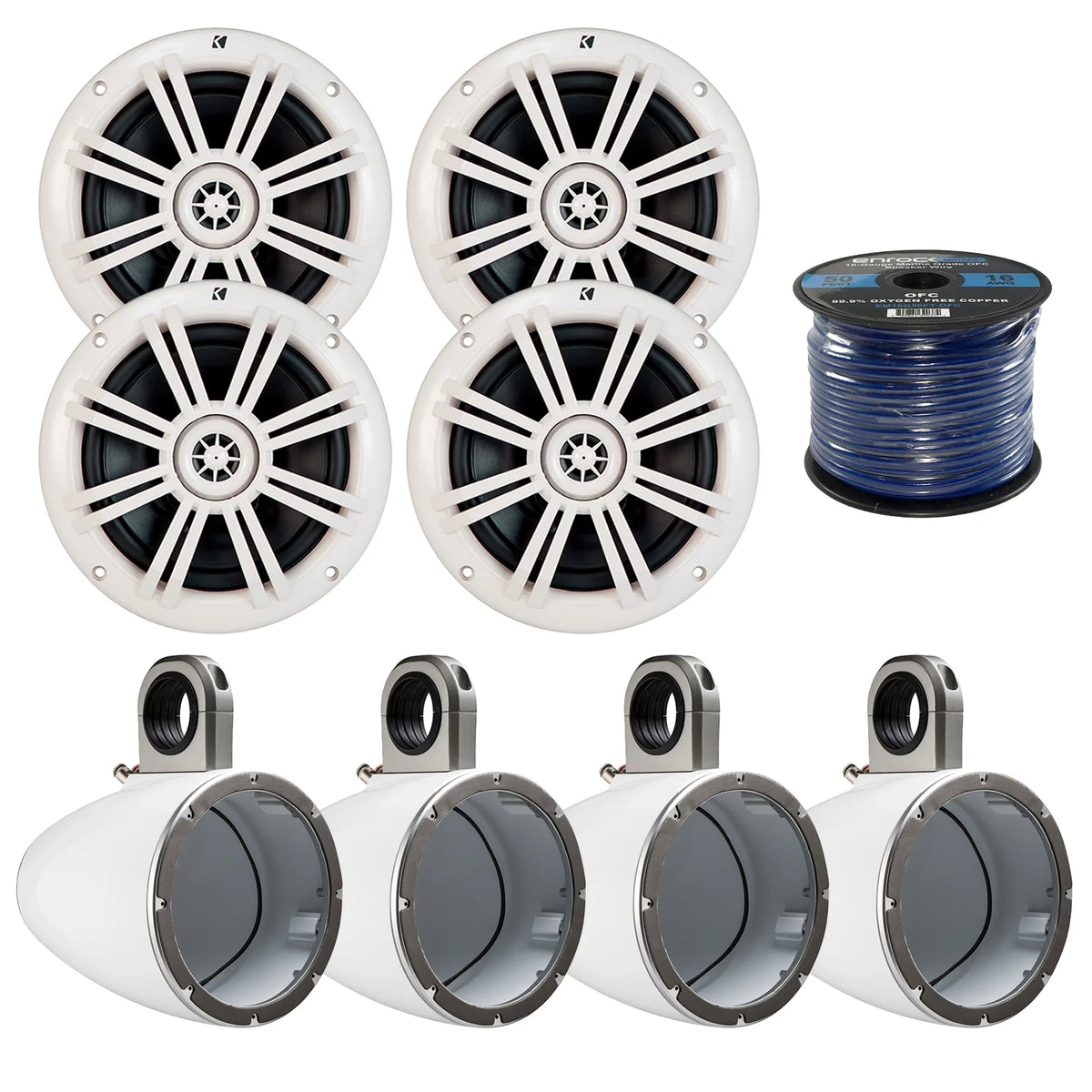 4x Kicker KM60 6.5-Inch Marine White Coaxial Speakers, 4x Kicker Marine KMTESW Tower Enclosure for 6.5-Inch Drivers White, Enrock Audio Marine Grade Spool of 50 Foot 16-Gauge Speaker Wire N707165