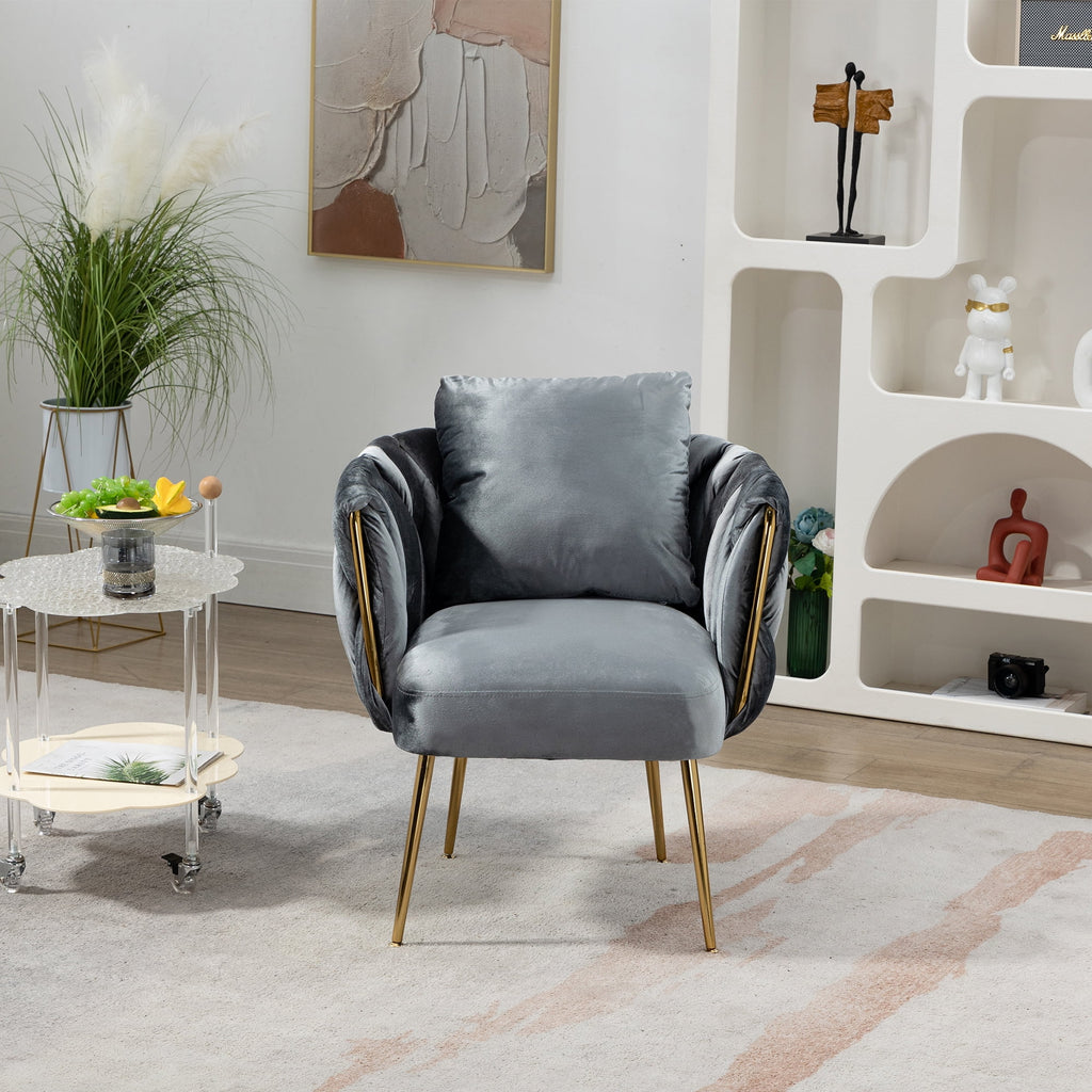 Gray Velvet Upholstered Accent Chair with Gold Metal Leg and Throw Pillow E25795