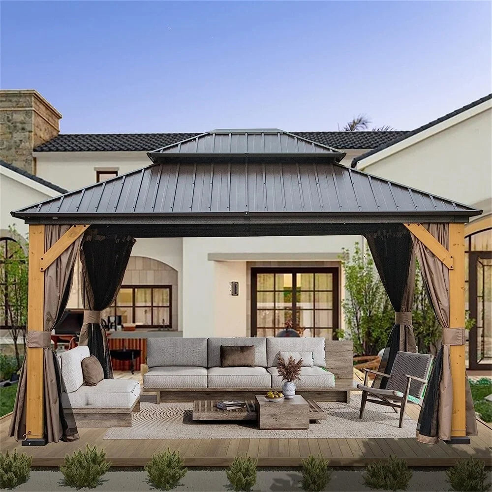 12'x14' Outdoor Wood Frame Hardtop Gazebo with Galvanized Steel Double Roof B1709
