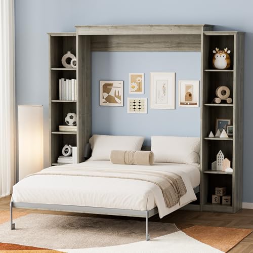 Gray Queen Wood Wall Bedframe with Storage Bookcase and 4 Adjustable Shelves B3008