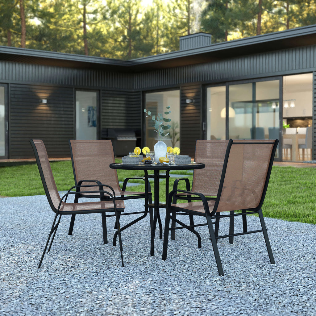 5 Piece Outdoor Patio Dining Set with 4 Brown Stack Chairs U575