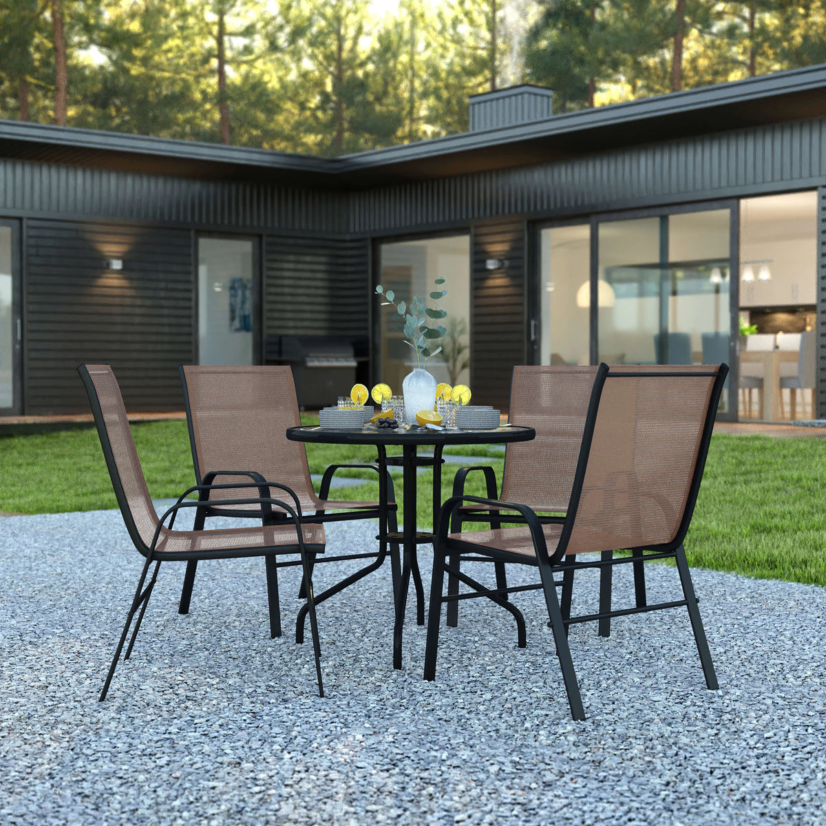 5 Piece Outdoor Patio Dining Set with 4 Brown Stack Chairs U575