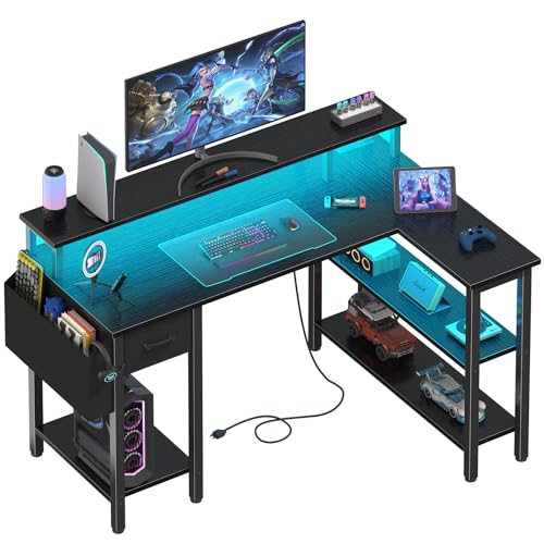 L Shaped Gaming Desk with Fabric Drawers and Storage Shelves, 47 inch Black U786