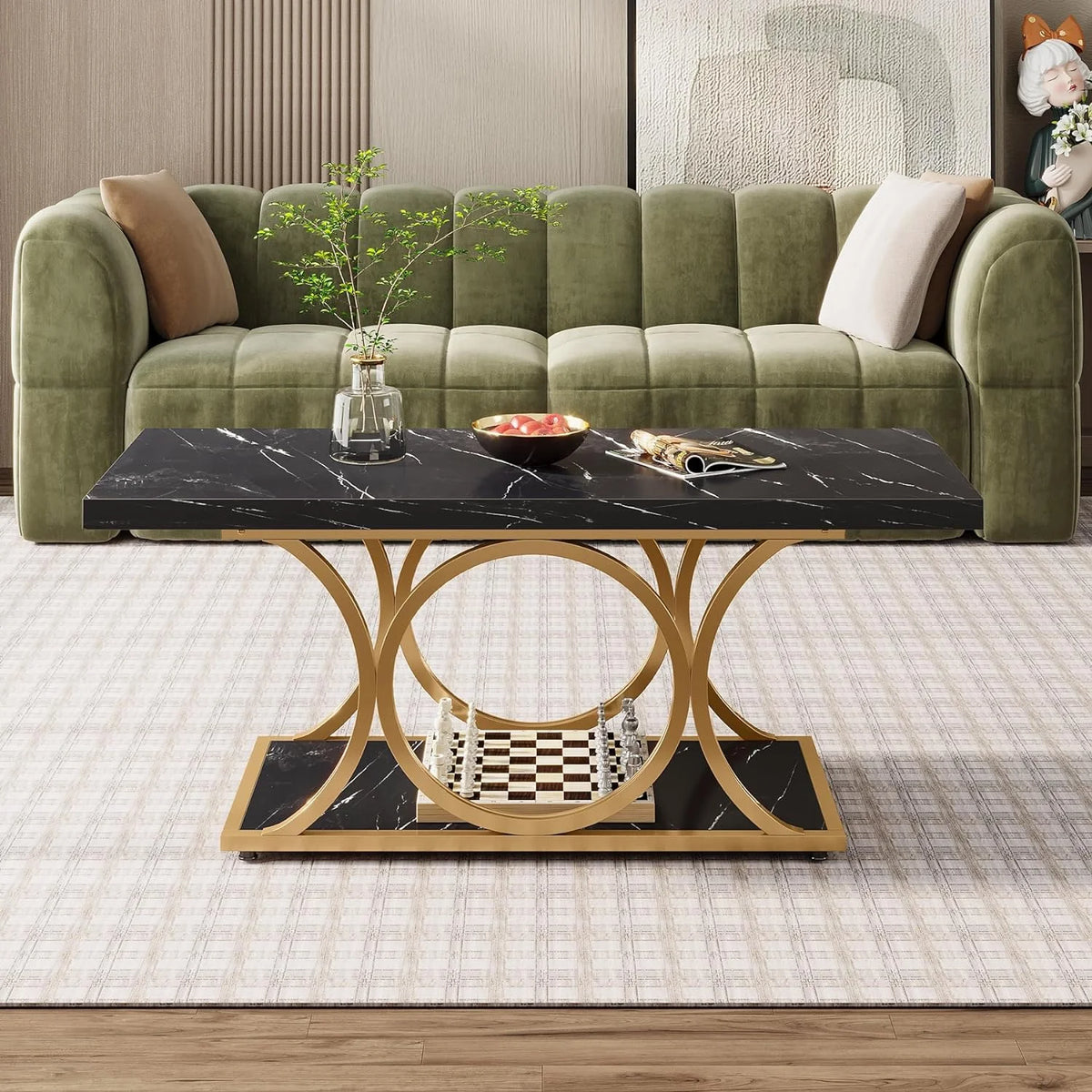 2-Tier Faux Marble Wood Coffee Table with Storage Shelf P833688