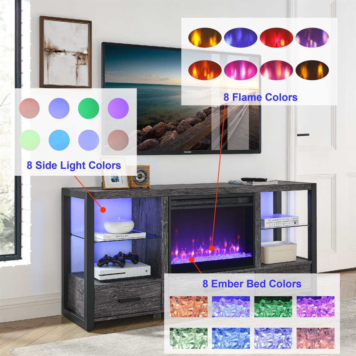 60 Inch Electric Fireplace Media TV Stand with LED Lights H69648