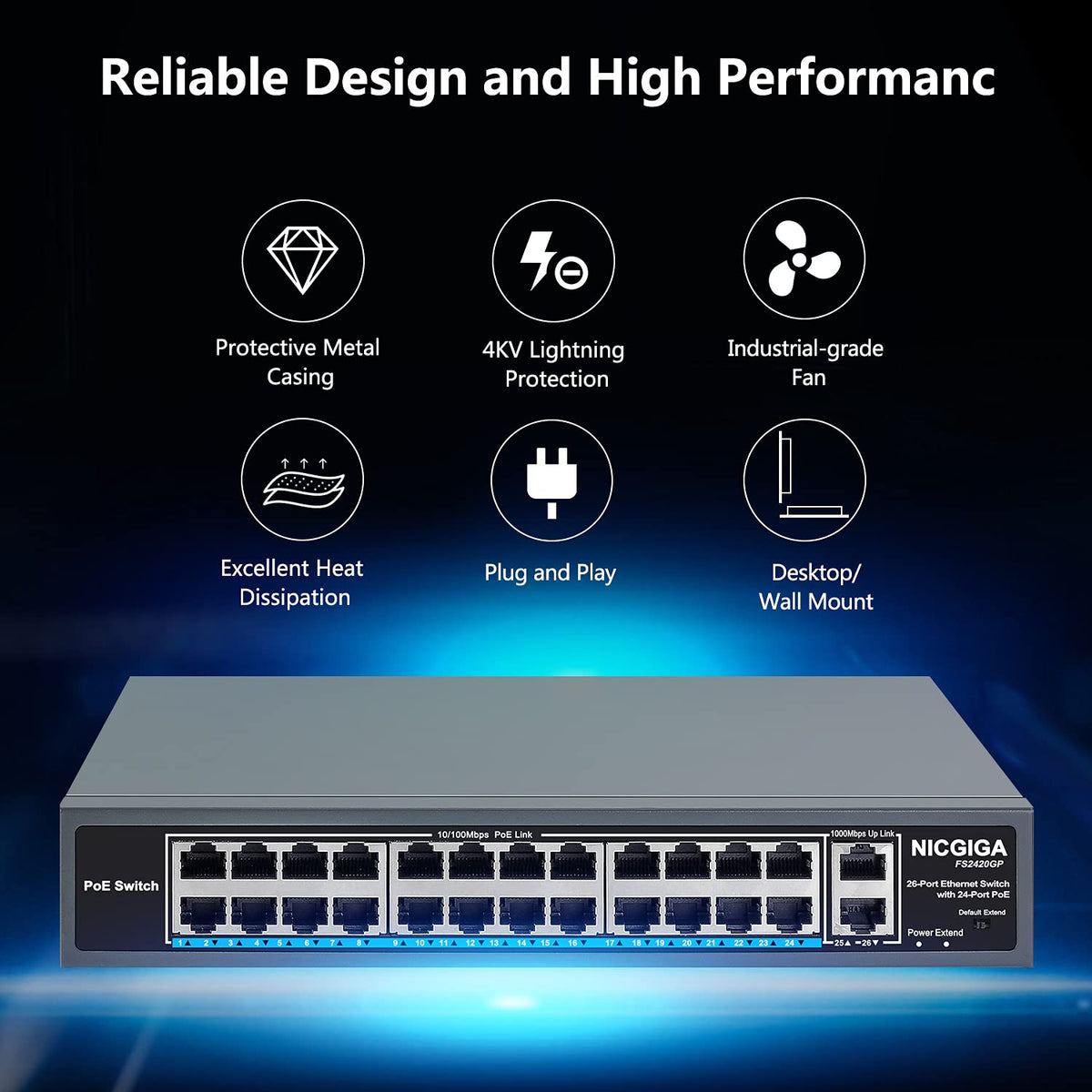 26 Port PoE Switch with 24 Ports 10/100Mbps PoE+@400W, 2 Gigabit Uplink Ports, VLAN Mode, Metal Case, Rack Mount L8576