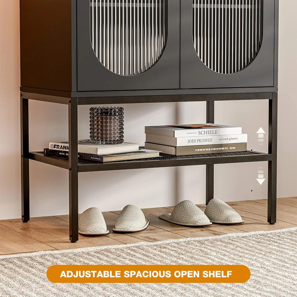 Black Glass Sideboard Buffet Cabinet with LED Lights C6021
