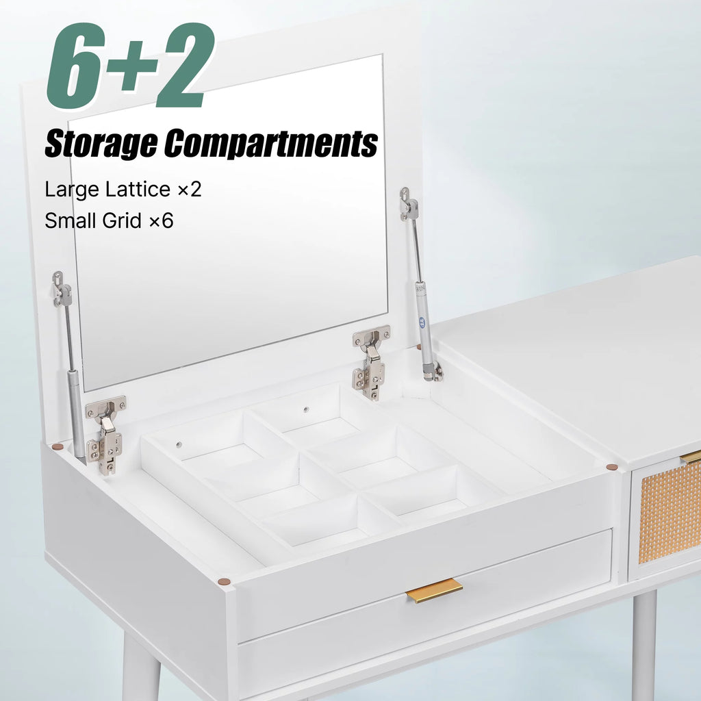 White Wood Makeup Dresser with Flip-top Mirror and Stool D817993
