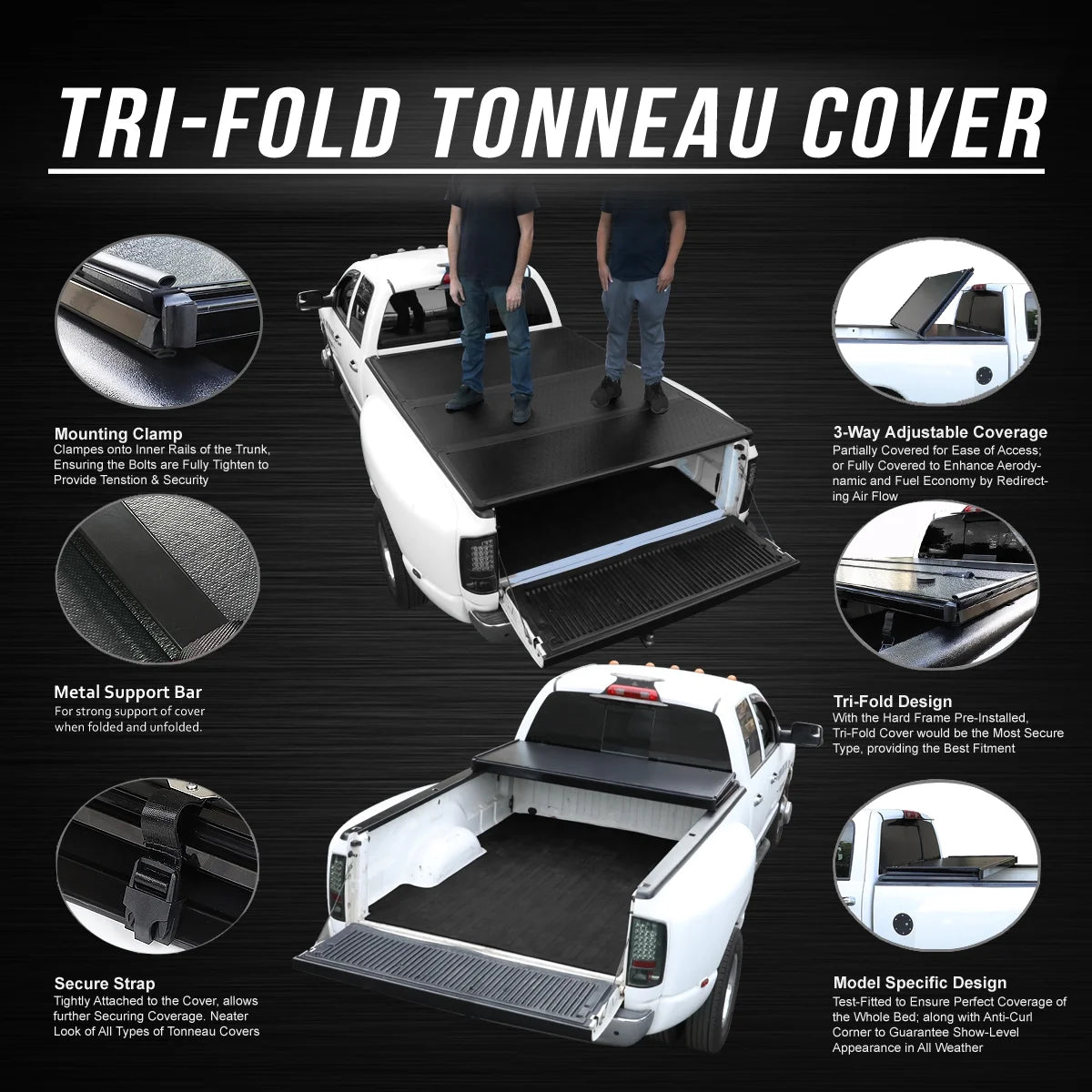 Hard Solid Tri-Fold Tonneau Cover for Chevy Silverado GMC Sierra 8Ft Long Bed S77128