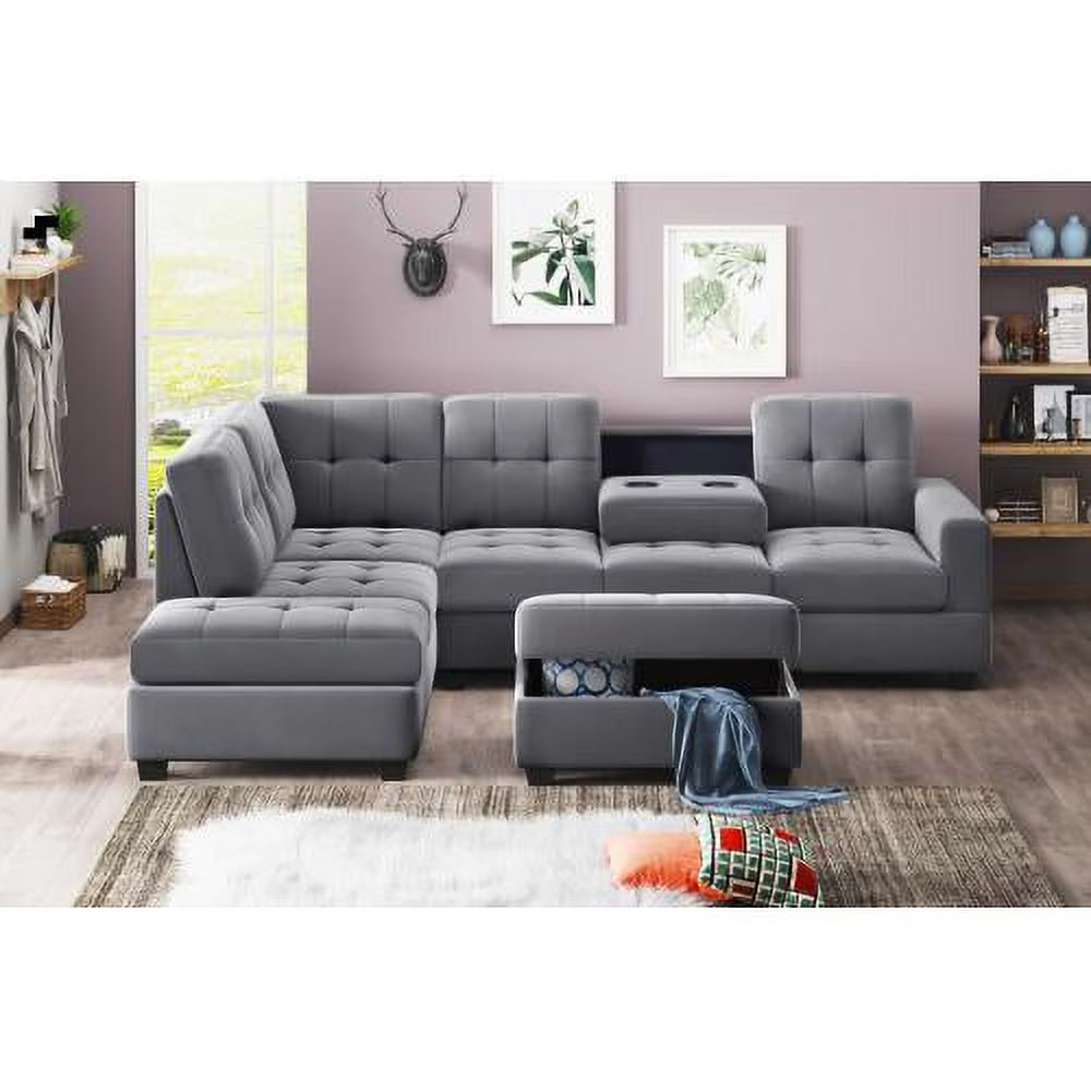 3 Piece Microfiber Sectional Sofa with Reversible Chaise Lounge Storage Ottoman and Cup Holders I516